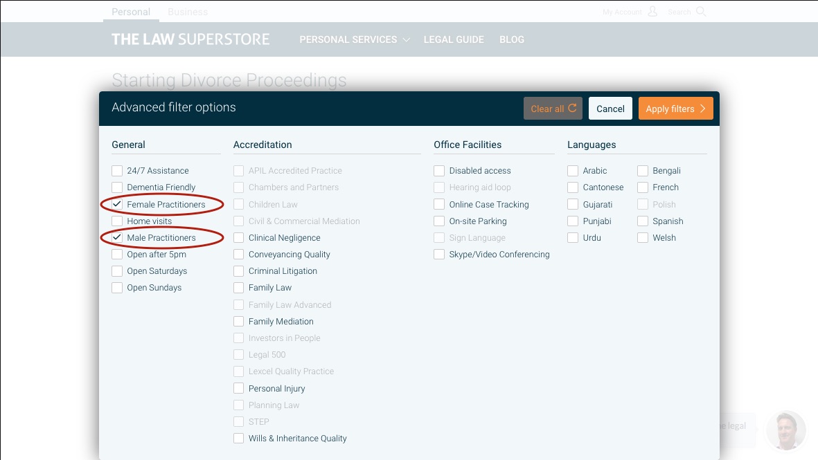 Male and female practitioner filters on The Law Superstore